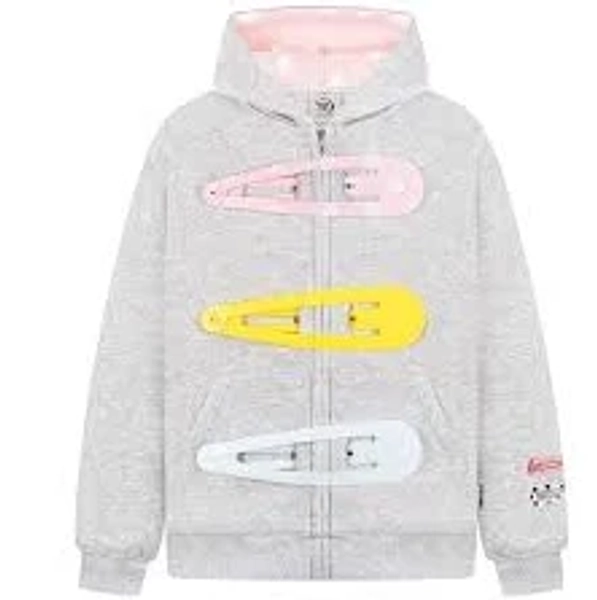 Cartoon Hair Clip Zip Up Hoodie - Grey / M