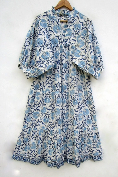 summer cotton blue printed women maxi dress - v neckline dress - 3/4th sleeve with button maxi
