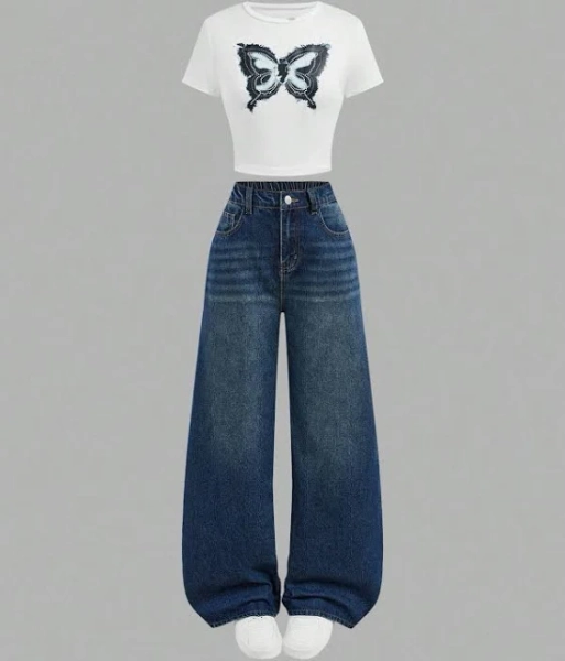 SHEIN Teen Girls Butterfly T-Shirt and Jeans Set