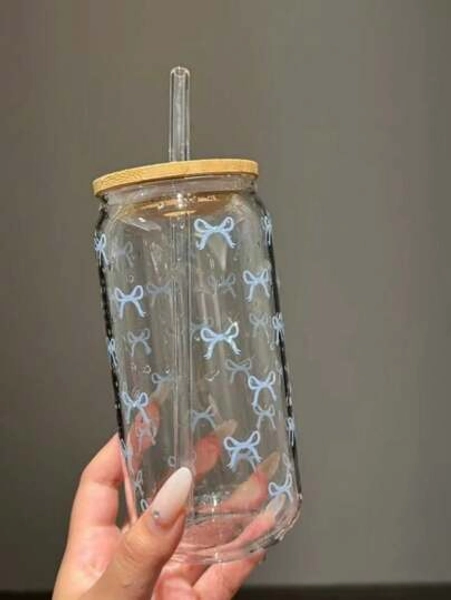 Стеклянный стакан для напитков с декором в виде бантиков и соломинкой (Butterfly / Bow Decor Glass Cup with Straw & Lid)