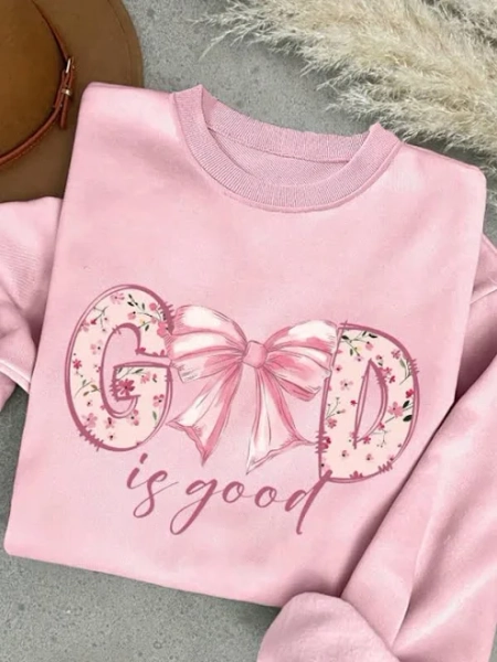 SHEIN Teen Girl Letter & Bow Print Round Neck Sweatshirt