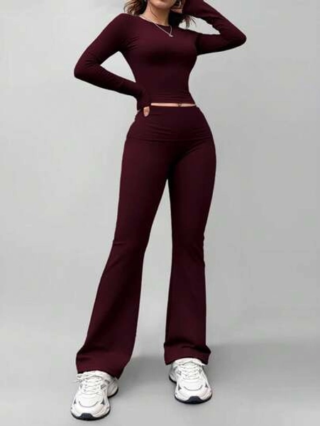 Women's Round Neck Long Sleeve T-Shirt And Pants Casual Matching Set, Versatile For Spring
