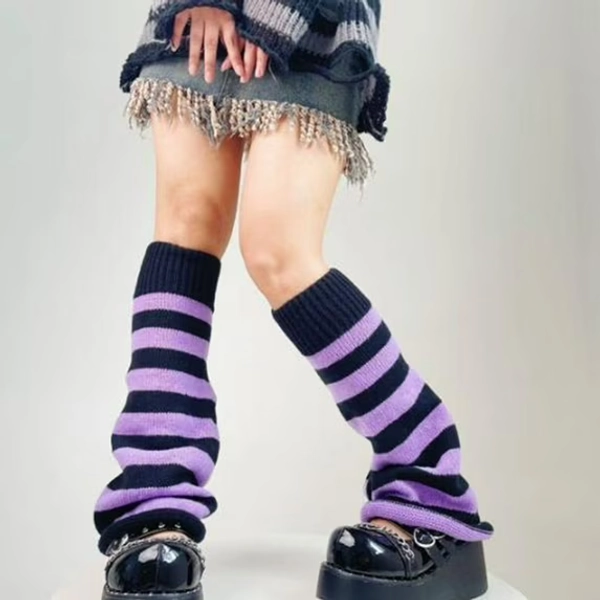 Knitted Leg Warmers Women Leg 1 Pair Japanese Style Flared Shape Long Student Leg Elastic Cuffs Solid Color Striped Loose Knitted Leg Fashion,Purple Polyester Base Warmers