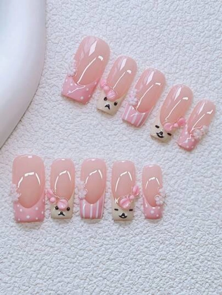 10pcs Y2K Nails Pipe-Shaped Press On Nails Set - Handcrafted, Pink Nails, Pink And White French Style, Handmade 3D Pink Bow, Hand Drawn White Polka Dot French Style And Hand Drawn Puppy Pattern Design, White Little Flowers Element Accents - Suitable For Women And Girls, Party, Wedding, Daily Wear, DIY Nail Art, Includes Tool Kit. Square Nails. Handmade Press On Nails. Fake Nails. Nail Supplies
