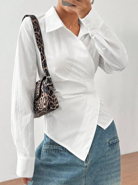SHEIN Unity Camisa de Manga Longa Feminina Casual Versátil com Gola Envolvida e Amarrada, Cintura Esbelta