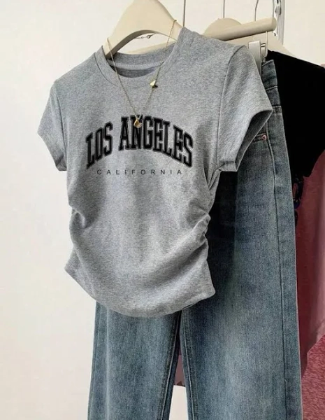 SHEIN Teenage Girls' Slim Fit Round Neck Short Sleeve Letter Print T-Shirt