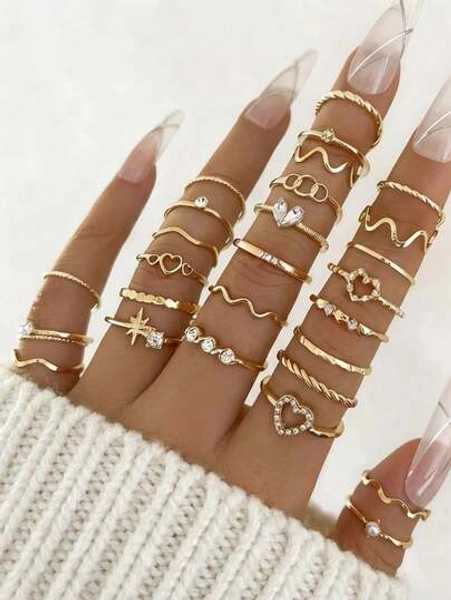 28pcs Heart Shaped Geometric Boho Style Rhinestone Accent Minimalist Wave Knuckle Rings, Suitable For Women's Daily Wear, Dates, Parties, Valentine's Day, Anniversary, Gifts For Girlfriends, Friends, Parties, Street Style (Includes Size Chart, Do Not Forcefully Bend, Purchase Carefully)