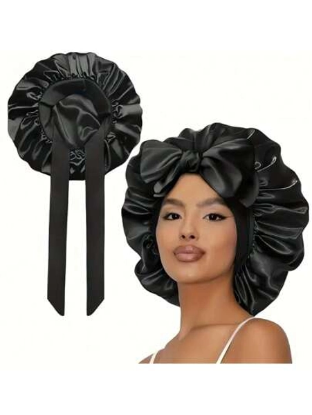 [Pink Satin Bonnet] Soft Luxurious Pink Satin Bonnet - Adjustable Tie Band & Bow Accent, Comfortable Ruffled Design For A Snug Fit, Hair Protection | Satin Cap | Smooth Satin Finish For Women & Men