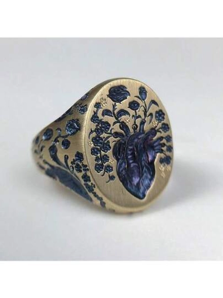 2025 Vintage Purple Heart Ring For Women - Elegant Drop Glaze Geometric Flower Ring, Deep Purple Concave Carving Design, Gothic Boho Statement Jewelry, Perfect Gift For Valentine's Day & Anniversary