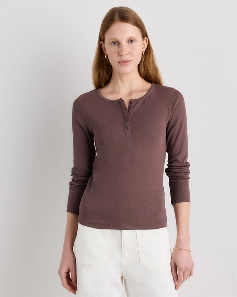 Organic Cotton Micro-Rib Henley Long Sleeve Tee in Soft White