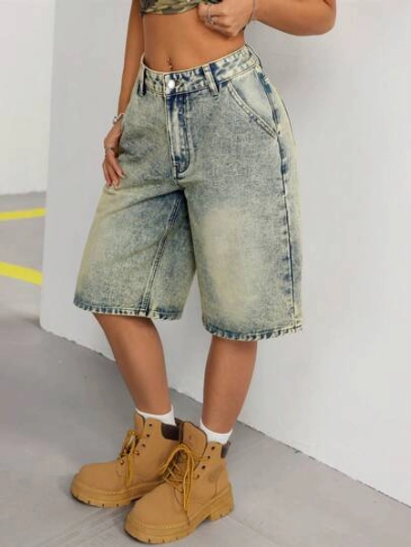 SHEIN ICON Summer Vintage Washed Straight Leg Denim Shorts