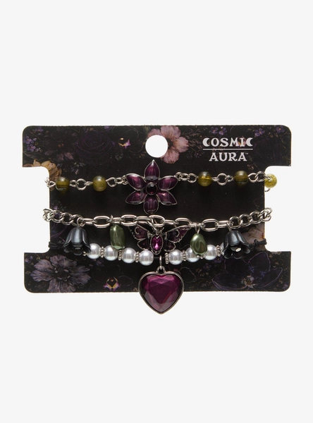 Cosmic Aura Dark Purple Gem Flower Heart Bracelet Set