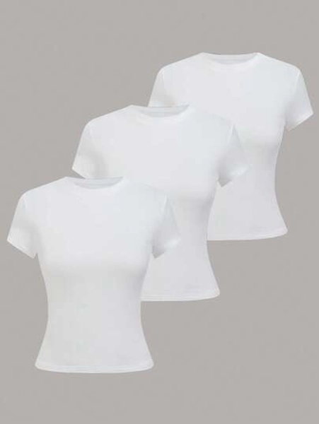 SHEIN LUNE Women's Casual Solid Color Minimalist Round Neck Short Sleeve T-Shirt - Size XS