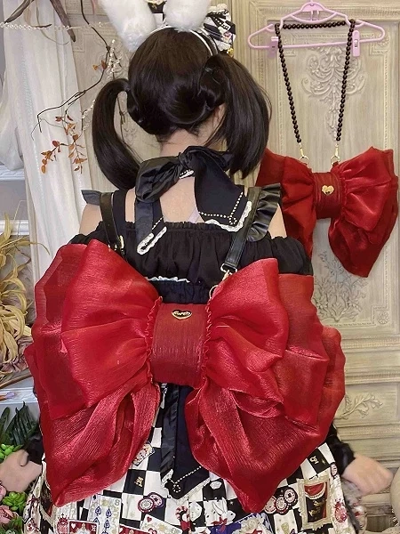 [£30.26]Wine Red Big Bow Backpack Solid Color
