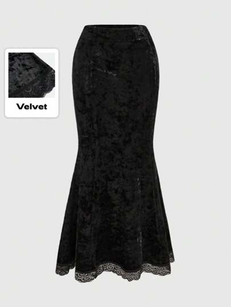 ROMWE Goth Women's Retro Glamorous Diamond Velour Splice Lace Trim Mermaid Hem Skirt, Palace Style