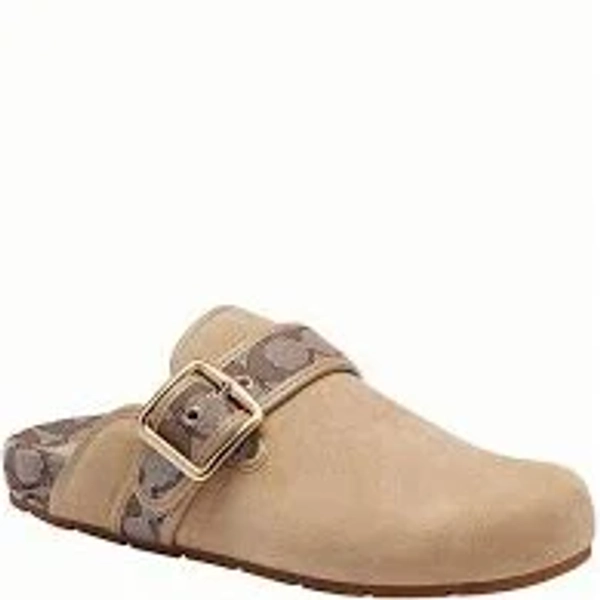 COACH Archival Suede and Signature Jacquard Buckle Hardware Clogs, Size 9 - Oat