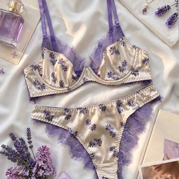 Women's Fashionable Lace Satin 2pcs Lingerie Set
