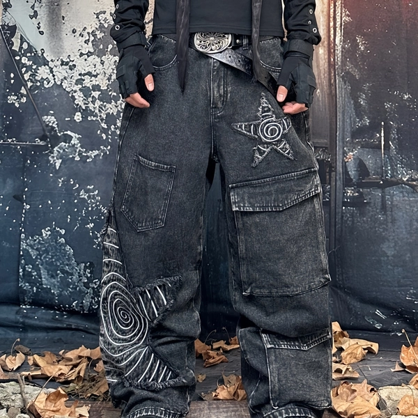 Men's Denim Jeans / Vintage Washed Black Gray / Star Embroidered Cargo Baggy Wide Leg / High Street Hiphop Skate Streetwear / All Season, Multi Sizes (No Belt & Additions)