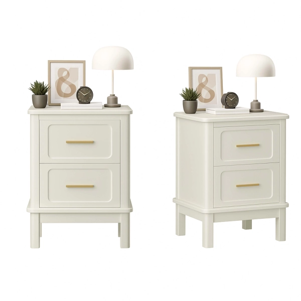 Modern  Nightstand with 2 Drawers, Bedroom Bedside Table with Gold Handles, Sturdy Wood Accent Table for Small Spaces, Living Room, Kids Room & Guest Room-Off White((1Nightstand)