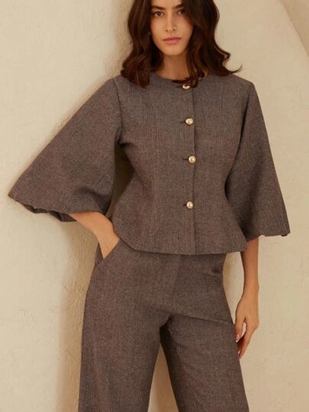 Aveloria Rosie Slim Fit Elegant Herringbone Lantern Sleeve Single-Breasted Top And Pants Commuter Suit - Size XS