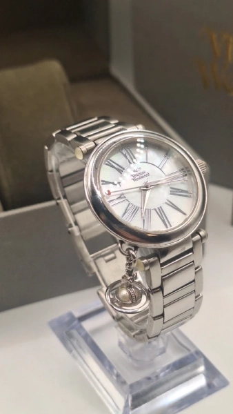 Vivienne Westwood Orb Silver Watch With Pearl Dial and Pearl Charm - VV006PSLSL