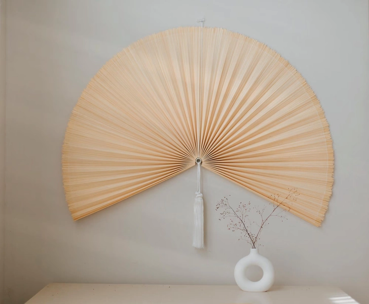 Decorative bamboo fan headboard with tassel 58 in, Oversized bamboo fan wall decor, Large rattan foldable headboard, Eco-friendly headboard