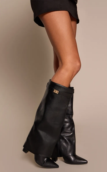 Black Faux Leather Block Heel Foldover Knee High Boots