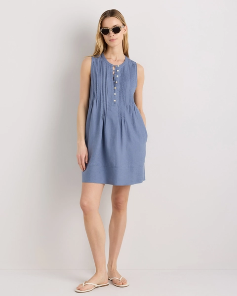 100% European Linen Sleeveless Swing Dress in Classic Mini Gingham