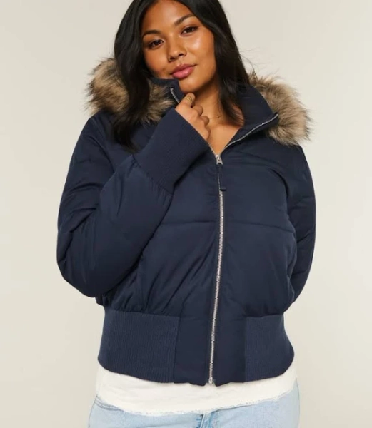 Hollister Women's Faux Fur Trim Puffer Bomber Jacket