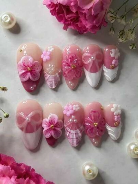 10Pcs Almond Shaped Handmade Nail Tips, Ombre Pink Color Gradient, French Floral Botanical Waterdrops Embossed Design, Pearl & Metallic Bead Decor, Reusable Nail Art Set With 1 Gel Sheet & 1 Cuticle Pusher Press On Nails Nail Supplies Nails