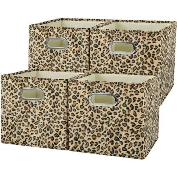 Aur 4pcs Leopard Cheetah Print Velvet Fabric Storage Bins