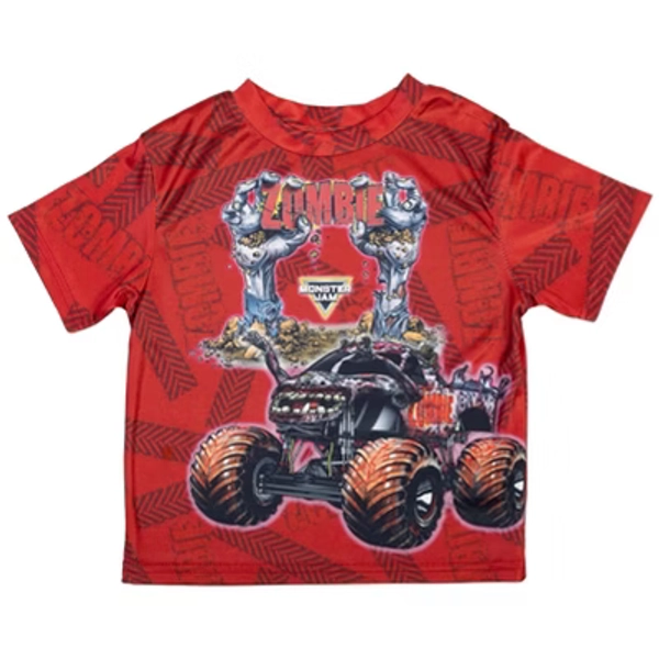 Monster Jam Toddler Boys' Allover Print Zombie Active Short Sleeve Graphic Tee Red 4T