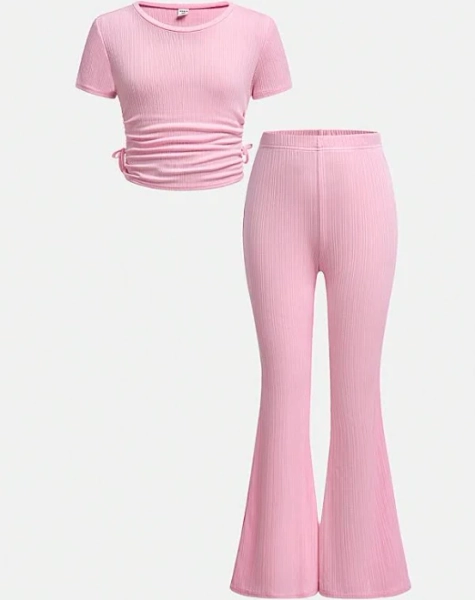 SHEIN Tween Girls Ribbed Knit Crew Neck Pullover and Flared Pants