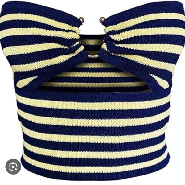 Micas  Blue And Yellow Stripe Twist Knot Sleeveless Tube Crop Tank Top Women's S