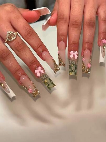24pcs Long Bow Glitter Flower Nail Stickers With Press-On Nails, Cute Jelly Gel And Nail File Included For All Women
