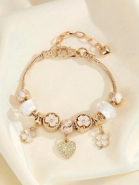 1pc Versatile Minimalist Adjustable Bracelet With Hollow Heart, Four-Leaf Clover And Pink Flower Pendant, Fashion Daily Wear Girl Bracelet