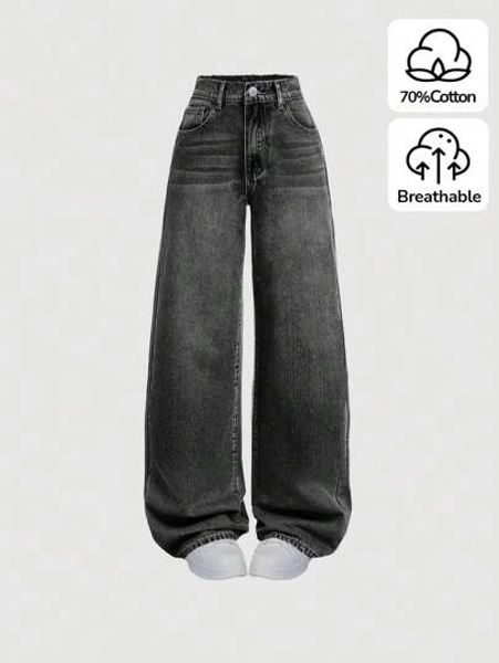 SHEIN Teen Girls Casual Streetwear Loose Fitting Boyfriend Style Solid Color Wide Leg Jeans