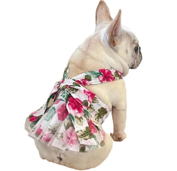 Floral Hibiscus French Bulldog/Pug Dog Dress | Poshdogife.com White / XS(1)