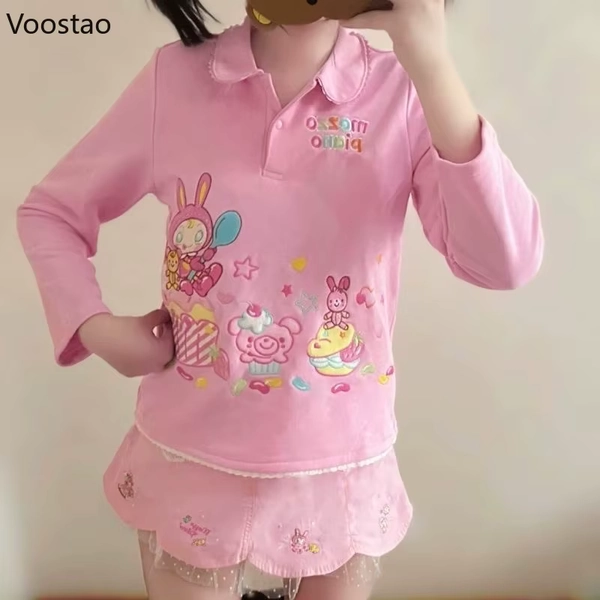 Japanese Sweet Lolita T-Shirts Women Cartoon Bunny Embroidery Harajuku Long Sleeve Tops Girls Fashion Y2k Aesthetic Casual Tees - AliExpress 200000345