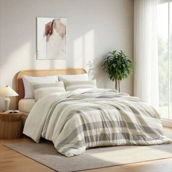 Regency Heights Comforters Full/Queen Beds Striped Neutral Reversible Comforter Set 3-Piece