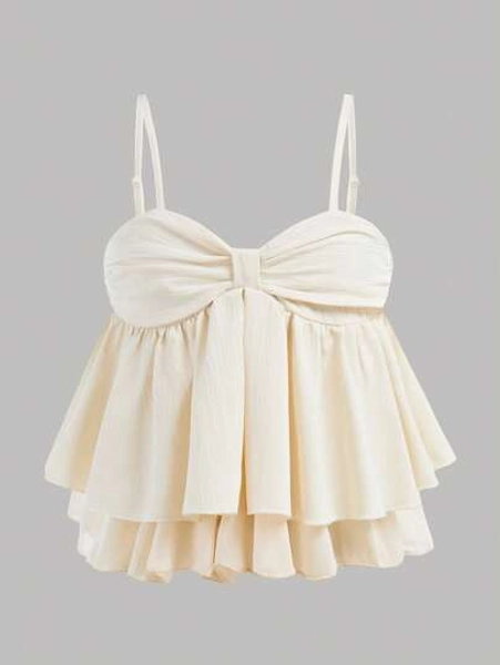 SHEIN Girlism Tween Girls Sweet Ruffle Trim Cami Crop Top, Sleeveless Shirt For Summer