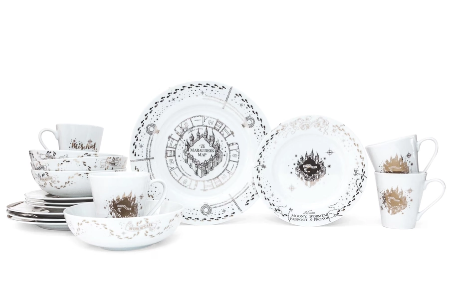 Ukonic Harry Potter Marauders Map 16-Piece Ceramic Dinnerware Set | Hogwarts-Themed Dish Set | Includes Dinner Plates, Salad Plates, Bowls, Mugs | Place Setting for 4