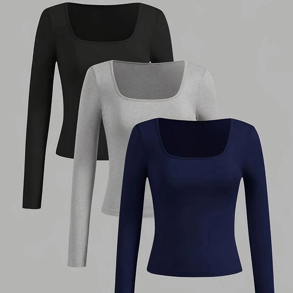 3pcs Girls' Square Neck Long Sleeve Solid Color T-Shirt Set, 3pcs, Casual Style, Medium Stretch, Spring/Summer/Fall, Slim Fit, Solid Color, Square Neck, Knit, Casual Attire, Casual Wear | Square Neck Tshirt | Knit Construction, T Shirt