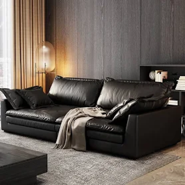 Black Stain Resistant Contemporary Faux Leather Square Arm Sofa with Bolster Pillows