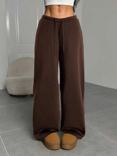 SHEIN EZwear Women's Casual Loose Fit Wide Leg Brown Sweatpants, Suitable For Graduation, Back To School, Women Teachers, Autumn/Winter,Fall,Fall For Women
