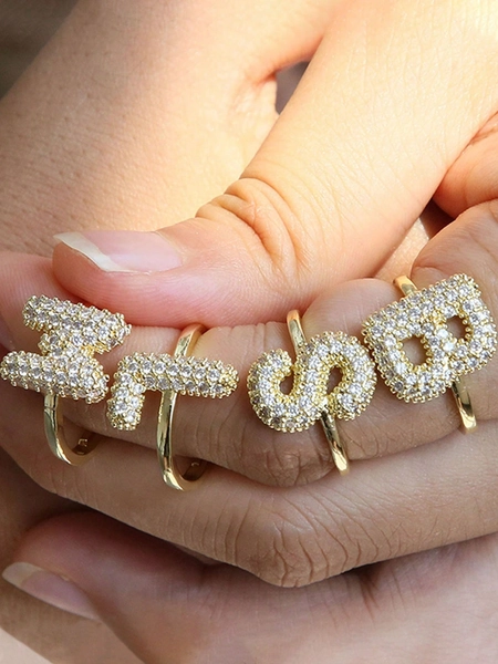 Bubble Cute 26 Letters Ring For Women Balloon Gold Plated Zirconia A-Z Letters Open Adjustable Ring Aesthetic Wedding Jewelry Gift