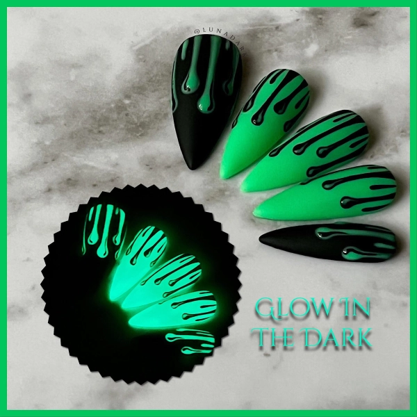 Glow in the Dark Drip Press On Nails: Green Black Goth Halloween False Nails