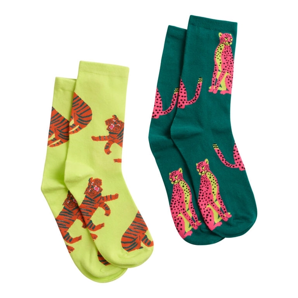Green Jungle Cat Print Socks 2 Pack