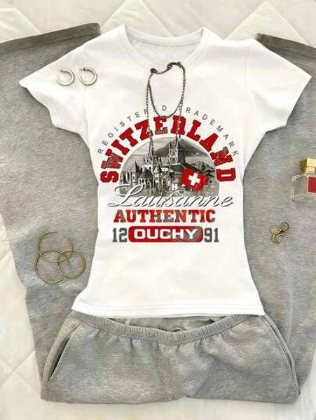 INAWLY White Ink Print White Women's Crew Neck Fitted Short Sleeve T-Shirt