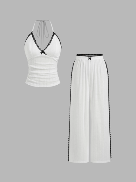 Knit Fabric V-neck Bowknot Ruched Lace Trim Halter Top & Mid Rise Wide Leg Trousers Loungewear Set For Bedroom